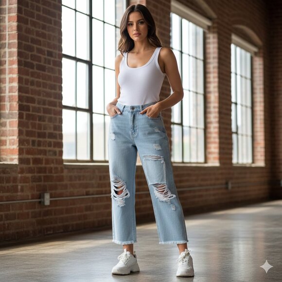 Chelsea And Violet Denim - Ripped Girlfriend Jeans Chelsea And Violet Light Blue 30" Waist 26" inseam